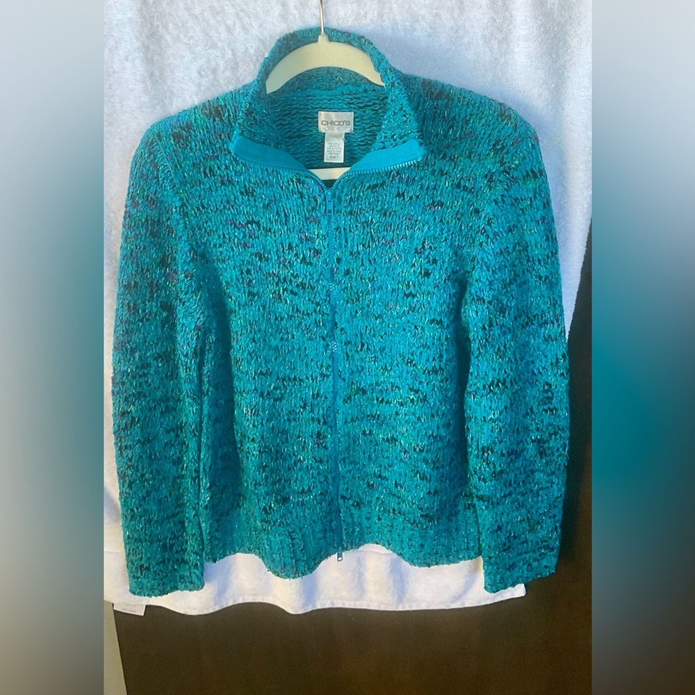 Chico's Blue Zip Up Sweater with Soft Fluffy Texture